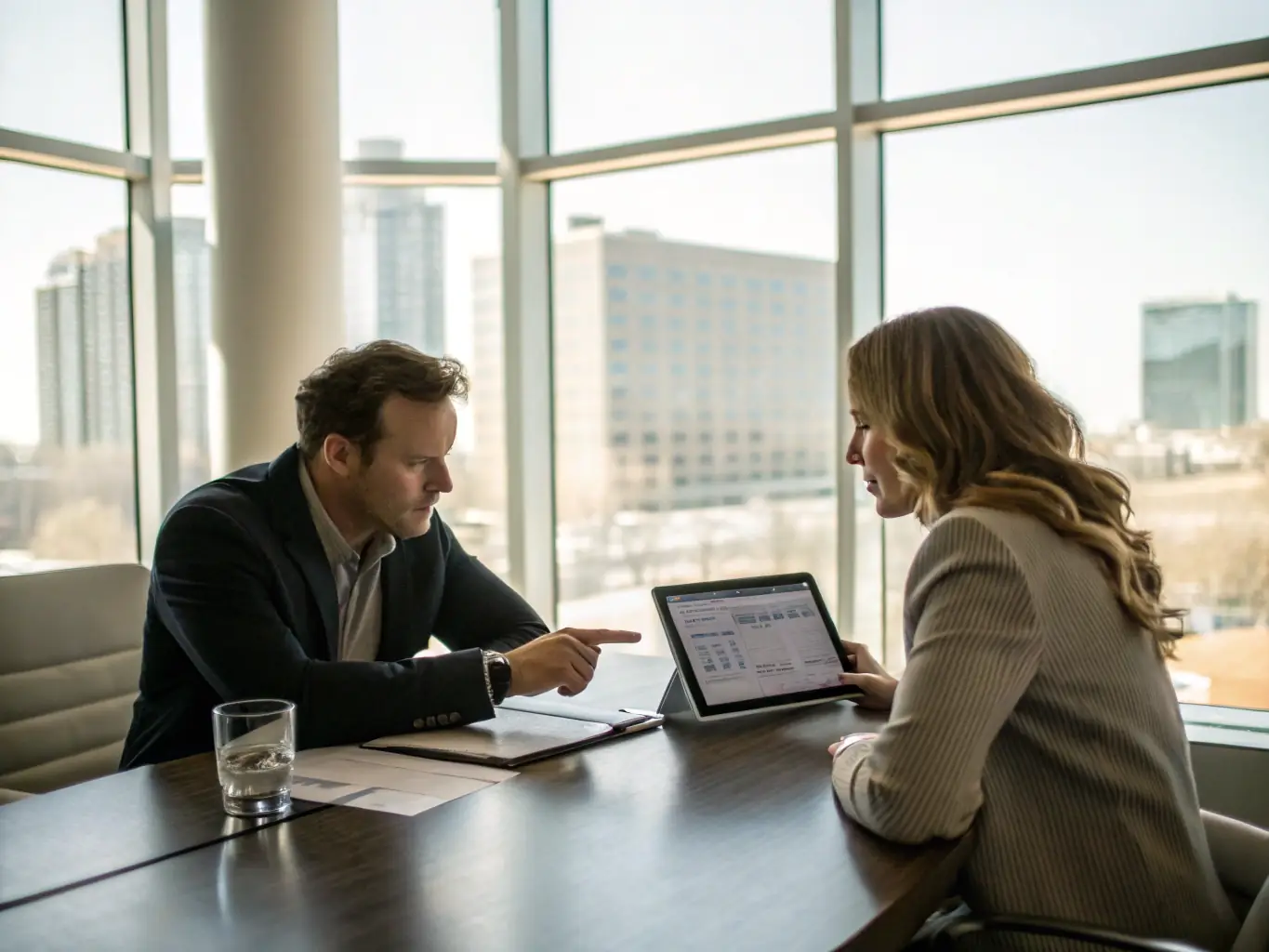 An experienced property manager meticulously reviewing lease agreements with a tenant, ensuring clarity and legal compliance for both parties involved in a commercial property.